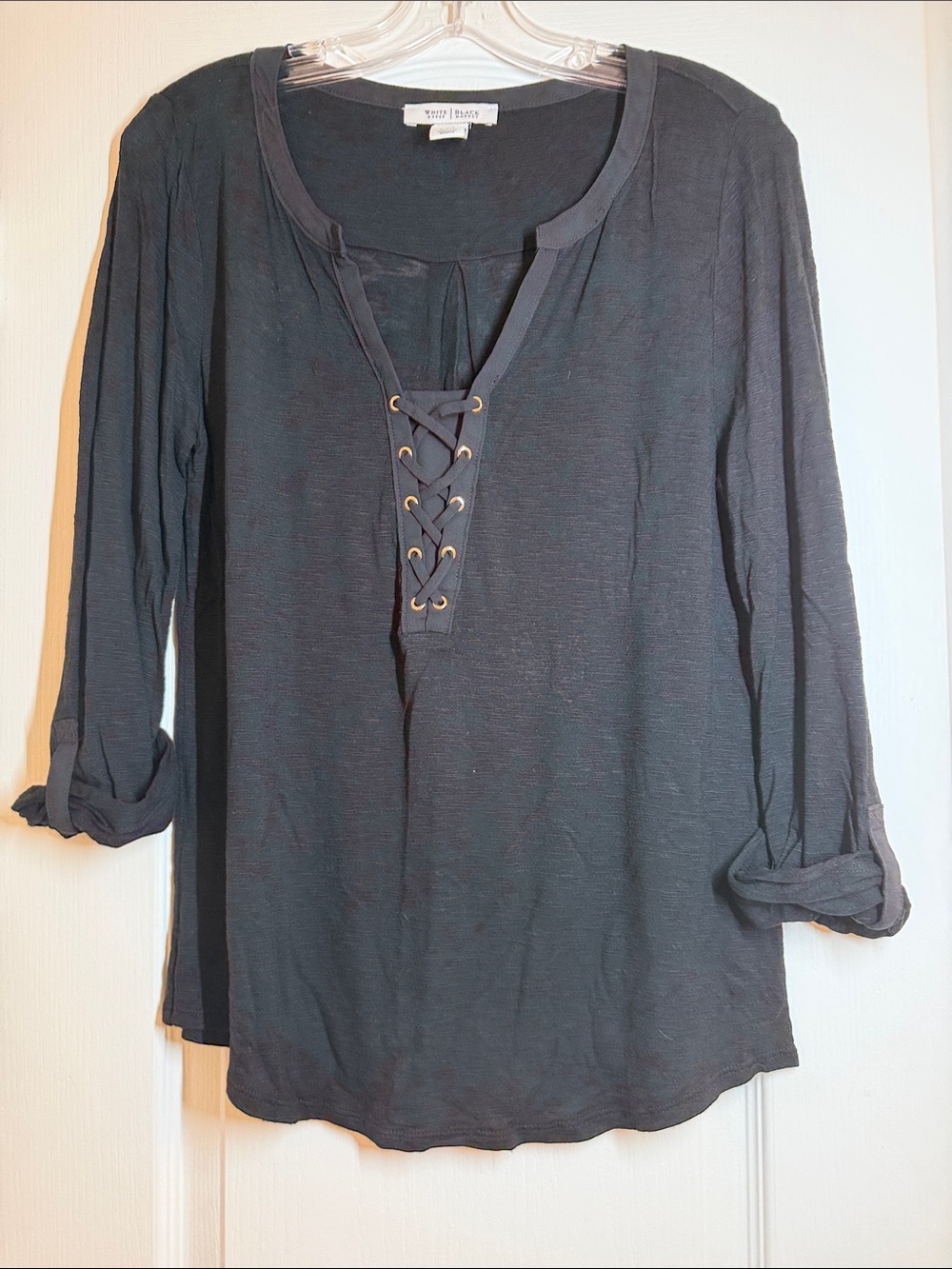 White House Black Market Black Lace-Up Long Sleeve V-Neck Top